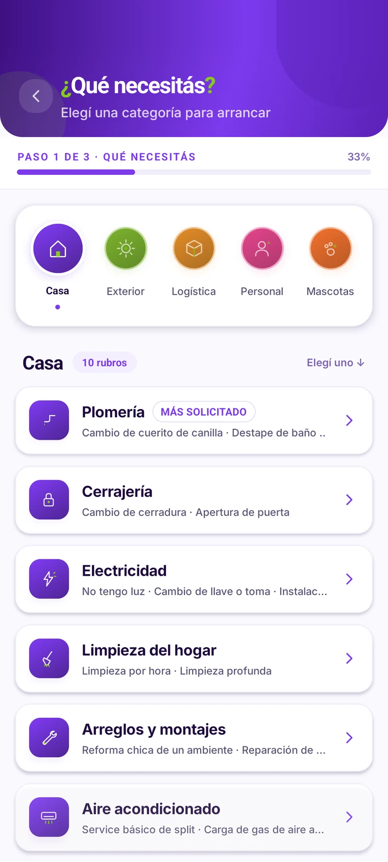 Paso 1 en la app: elegís qué necesitás resolver