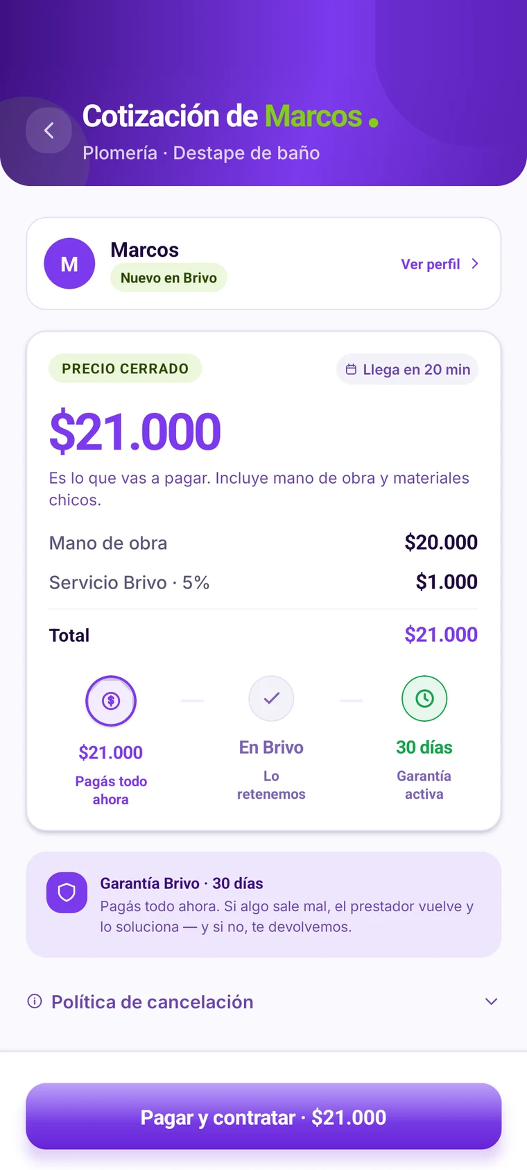 Paso 3: el detalle de una cotización con precio cerrado