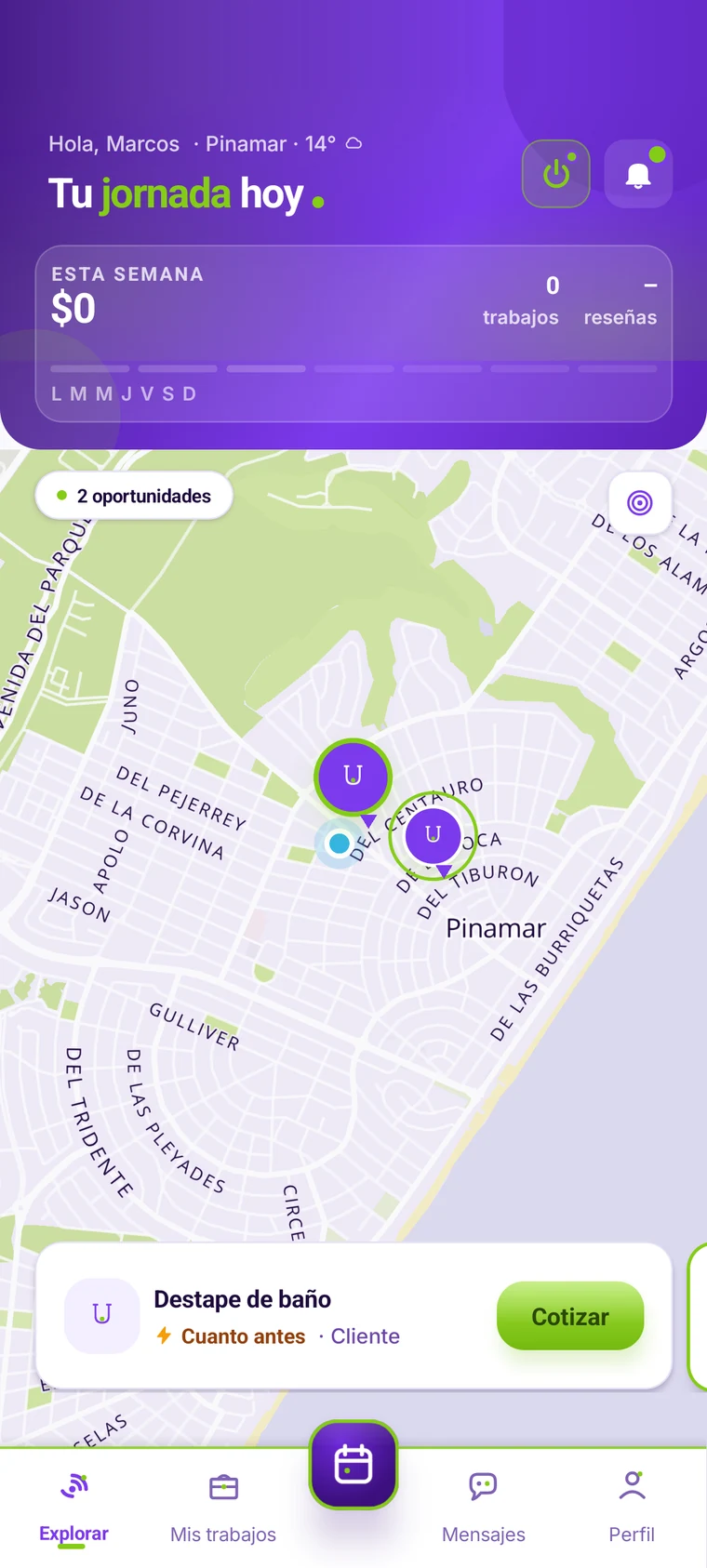 Brivo, vista del prestador: tu jornada de hoy